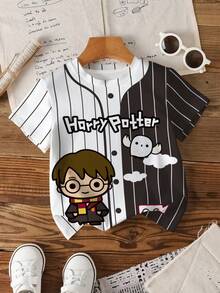 HARRY POTTER X SHEIN Áo thun mùa hè tay ngắn cổ tròn kẻ sọc dễ thương cho bé trai, in toàn bộ. - trắng - Xem 1
