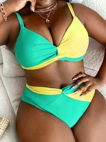 Slaydiva Plus Size Women's Summer Beach Contrast Color Ruched Sexy Bikini Set - Lime Green - View 5