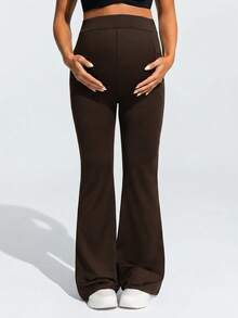 SHEIN Pantalones acampanados casuales y versátiles de unicolor con cintura ajustable para uso diario durante el embarazo - Café integral - Ver 3