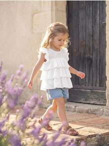 SHEIN Babygirl Cute Vacation Versatile Ruffle Lace Trim Flutter Sleeve Top - White - View 7