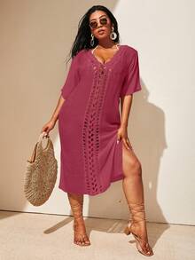Swim Lushoire Plus Size Solid Color Beach Cover-Up Dress - Burgundy - View 3