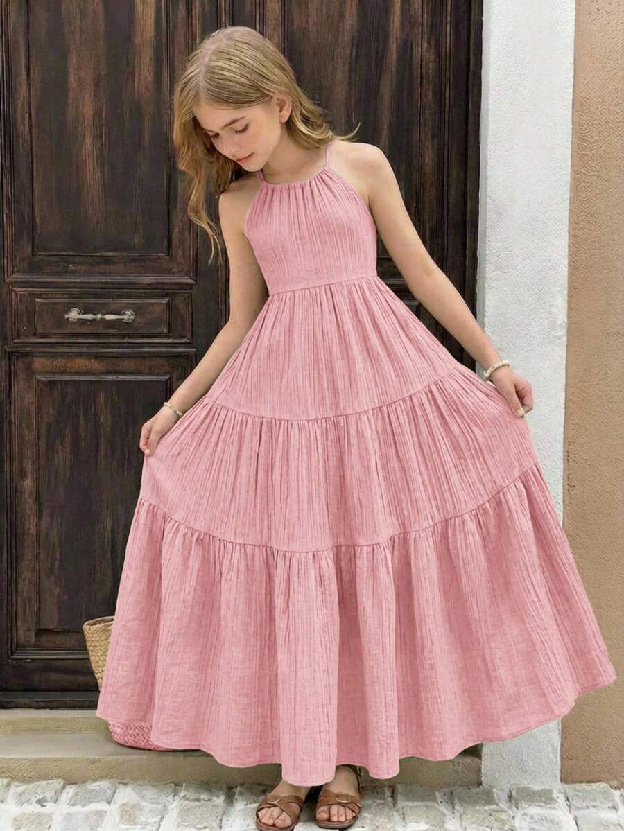 SHEIN Tween Girls' Summer Vacation Casual Bohemian Music Festival Solid Color Ruffle Hem Bowknot Dress, Spring/Summer - Pink - View 1