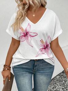 EMERY ROSE Plus Size Watercolor Floral Print V-Neck T-Shirt, Rolled Cuff Short Sleeve Casual Top For Women - Multicolor - View 4