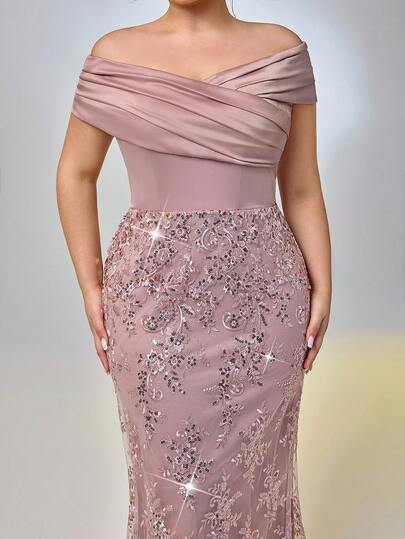 Serin Đầm cỡ lớn thanh lịch, lãng mạn màu xanh dương cổ thuyền tay ngắn, chất liệu jacquard đính pha lê, ren Pháp phối lưới, dáng đuôi cá, thích hợp cho đám cưới, tiệc tùng, lễ kỷ niệm, sự kiện trang trọng buổi tối, hoặc cho mẹ cô dâu.
