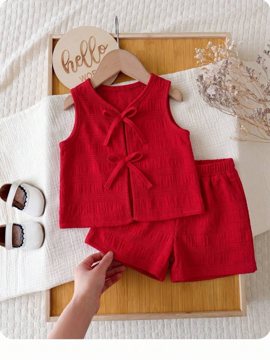 Babygirl Cute Summer Pink Striped Bow Decor Camisole & Elastic Waist Shorts Set - Red - View 1