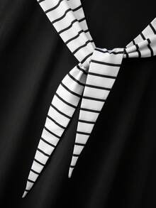 Calvaya Plus Size Women's Summer New Knit Black & White Striped Cap 2 In 1 Design T-Shirt - Black and White - View 5
