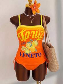 Slaydiva Plus Size 2pcs Fruit Print Halter Drawstring Tankini Top & Patchwork Triangle Bottoms Swimsuit Set,Women Yellow Summer Beach Vacation Holiday - Yellow - View 5