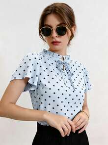 Modelyn Blusa elegante de manga corta con volantes y estampado de lunares con lazo delantero para mujer - Multicolor - Ver 5