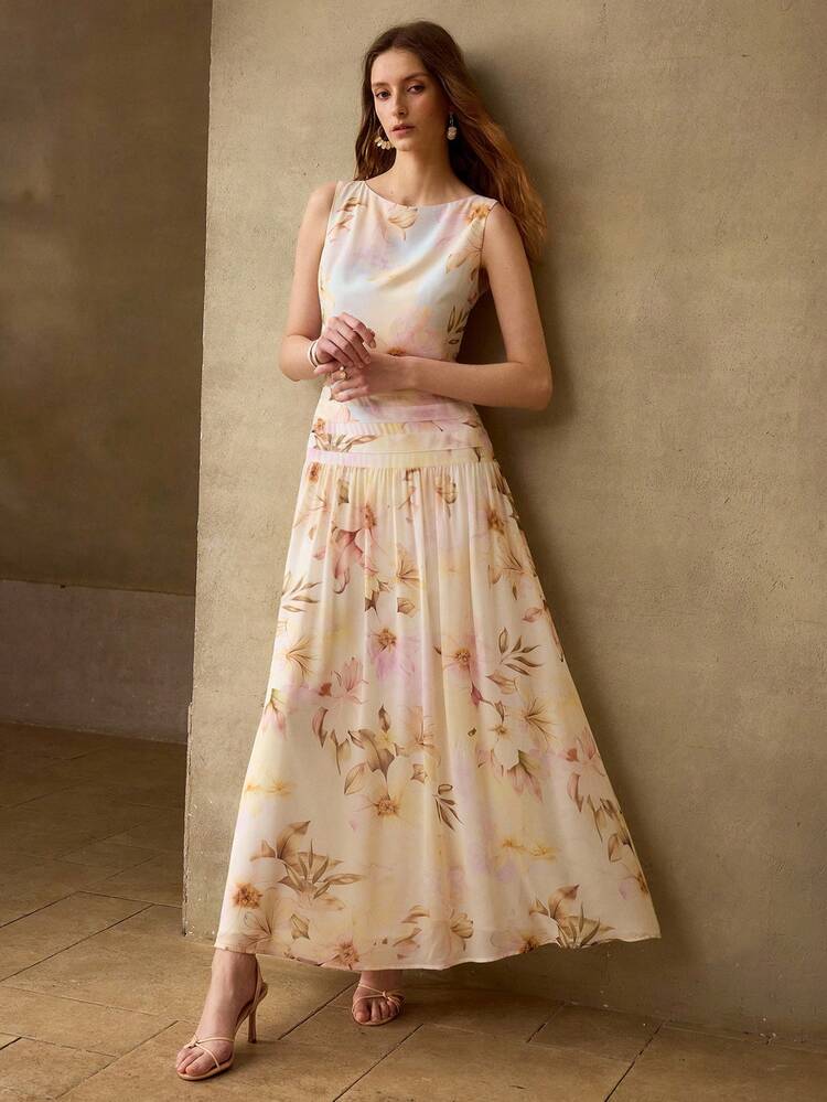 WOMEN'S ELEGANT COMMUTER FLORAL PRINT MID-LENGTH DRESS, SPRING/SUMMER