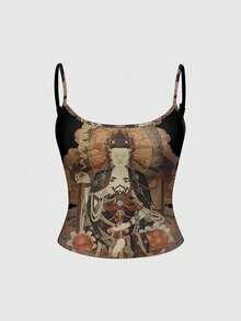 ROMWE Avant Áo tank top nữ phong cách Dark Academia tân Trung Hoa gợi cảm, tôn giáo Phật giáo, thiêng liêng - màu đen - Xem 1