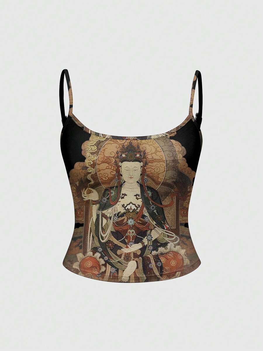 ROMWE Avant Áo tank top nữ phong cách Dark Academia tân Trung Hoa gợi cảm, tôn giáo Phật giáo, thiêng liêng - màu đen - Xem 1