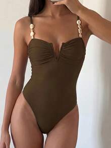 Swim Chiccia 女款夏季優雅海灘咖啡棕色一件式泳衣，復古細肩帶不對稱珠飾裝飾抓皺胸部V背修身款，適合春季與度假 - 棕色 - 查看 4
