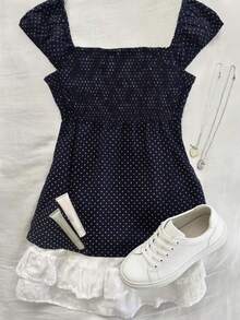 IslaSuriya XS Navy Blue Polka Dot Tie Waist Blouse For Women, Petite Women Everyday Summer Cute - Navy Blue - View 2