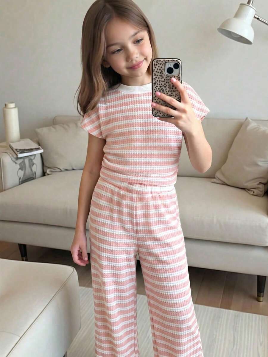 SHEIN Striped Knit Ruched Short Sleeve Top And Matching Pants Set,Light Pink Summer Girls Outfit,Elegant Casual Vacation 2-Piece Family Matching Set - Pink - View 1