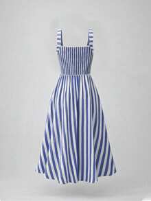 GlowEve Gaun Kasual Wanita Elegan Bergaris Leher V dengan Hiasan Paku Keling, Model A-Line, Panjang Sedang - Navy Blue - View 2