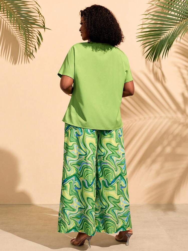 Plus Size Women V-Neck Patchwork Short Sleeve Top And Wide Leg Pants Casual 2 Pieces Set Summer Summer Outfit For Women Festival Outfits For Women Beach Outfits For Women Vacation Outfits Women Holiday Outfits  For Women