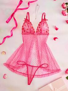 Elorette 2pcs Fuchsia Mesh Patchwork Embroidered Heart Pattern Sheer Front Closure Ruffle Hem Romantic Pastoral Elegant Dress + Thong Lingerie Set, Plus Size - Hot Pink - View 4