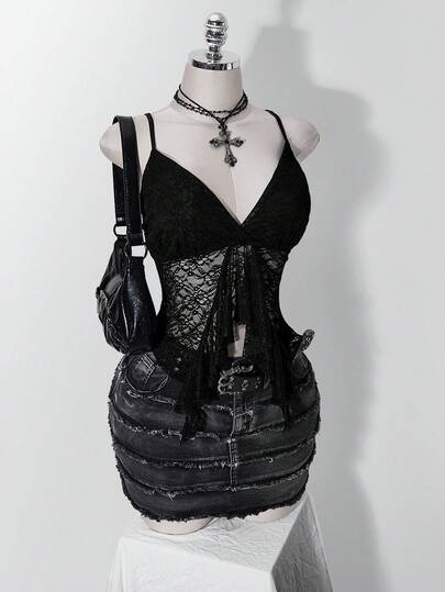 SHEIN ICON Plus Size Women Y2K Black Lace Ruffle Trim Blouse