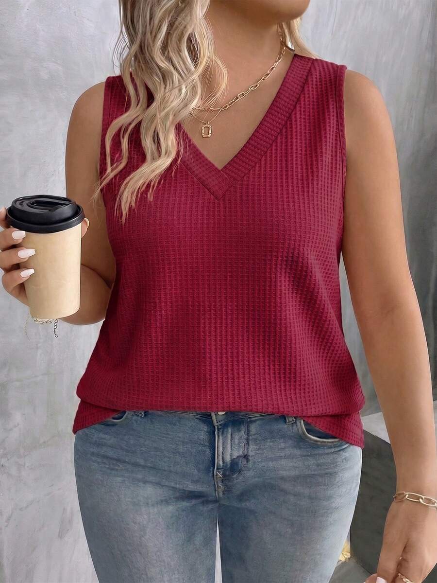 EMERY ROSE Women's V-Neck Casual Versatile Plus Size Tank Top, Spring/Summer - Burgundy - View 1
