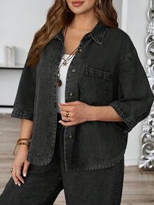 EMERY ROSE Mature Denim Plus Size Drop Shoulder Short Sleeve Front Button Loose Denim Top, Summer Fashion - Black - View 6
