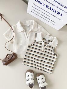 SHEIN Playful Pals 2pcs Baby Girls' Basic Sweetheart Neck Short Sleeve & Sleeveless Ribbed Knit Cropped Top Set, Spring/Summer - Khaki - View 7