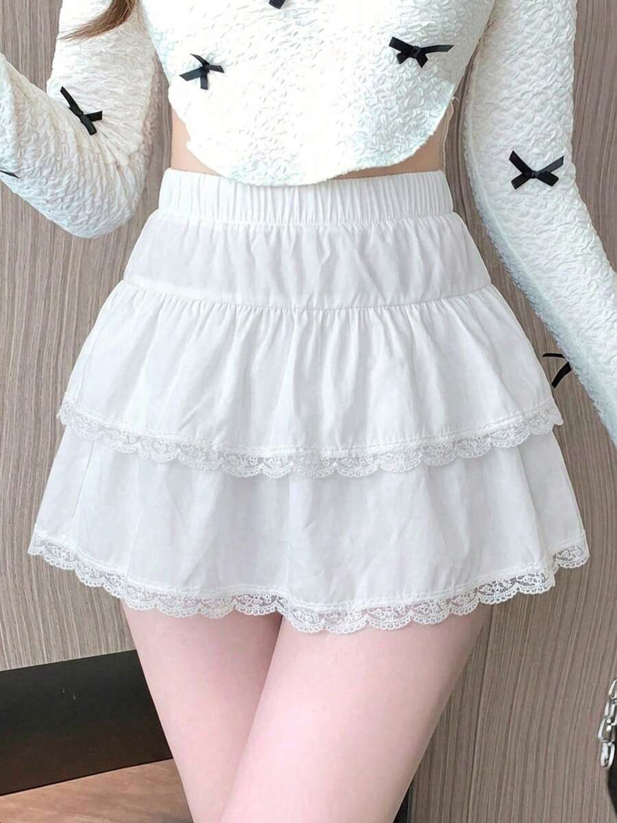 DAZY Women's Solid Color Elastic Waist Lace Ruffle Hem A-Line Skirt - White - View 1