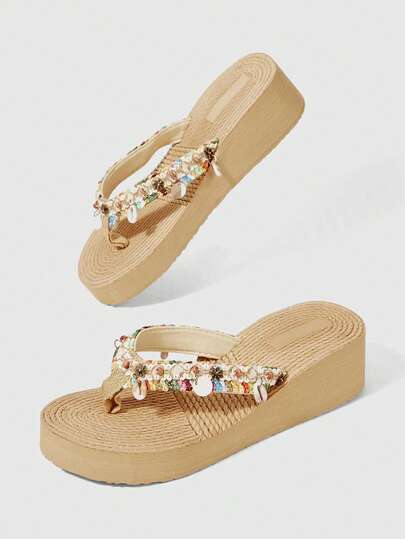 ROMWE Fairycore Sandal đế bằng nữ mùa hè, sandal hở mũi kiểu La Mã, sandal đi biển, sandal hoa ba chiều bằng rơm, dép đi nghỉ mát, giày dự tiệc.