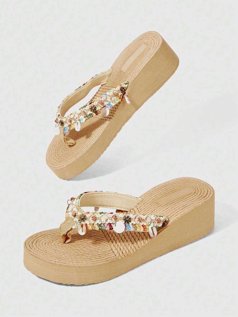 ROMWE Fairycore Sandal đế bằng nữ mùa hè, sandal hở mũi kiểu La Mã, sandal đi biển, sandal hoa ba chiều bằng rơm, dép đi nghỉ mát, giày dự tiệc. - Màu be + Hoa - Xem 1