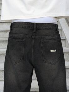 SHEIN Manfinity EMRG 加大码男士灰色牛仔休闲短裤，百搭5英寸内缝 - 黑色 - 查看 8
