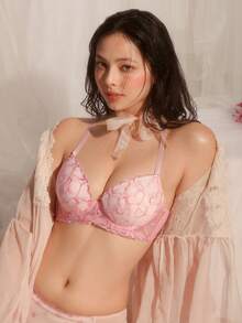 粉色钢圈模杯高支撑刺绣心形图案提拉聚拢甜美可爱优雅女士文胸 - 粉色 - 查看 1