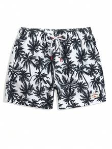 Manfinity Swimmode 男士椰子樹印花抽繩沙灘短褲，白色，夏季休閒熱帶度假泳褲，適合泳池派對、度假、夏威夷風洗浴 - 黑與白 - 查看 3