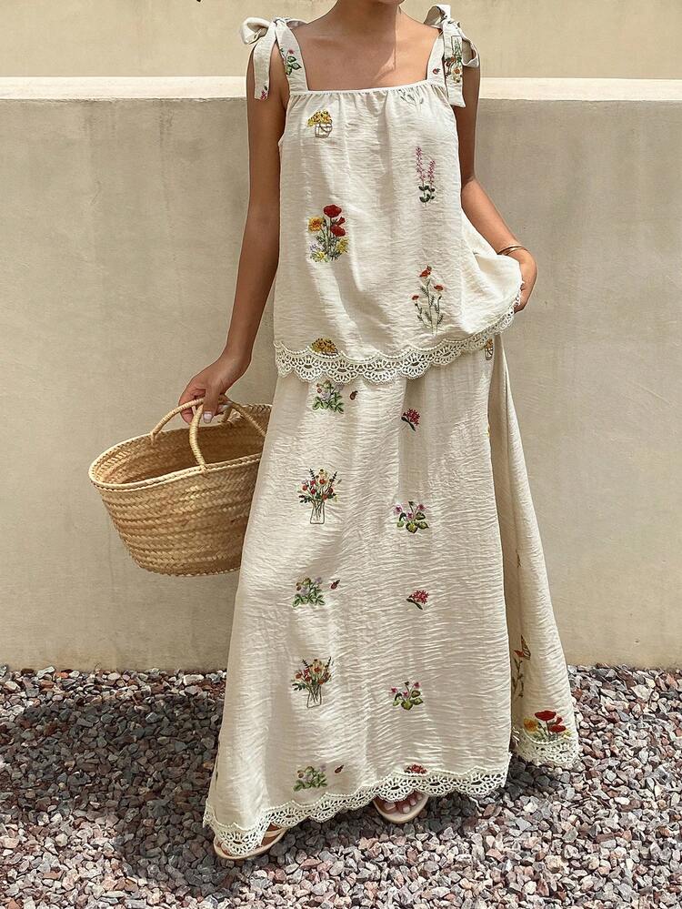 Women's Textured Floral Print Lace Patchwork Tie-Up Camisole And Casual Maxi Skirt 2-Piece Set