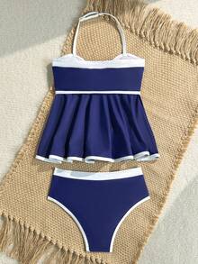 SHEIN Tween Girls Minimalist Navy And White Contrast Spaghetti Strap Bikini Set,Summer Tropical Holiday Pool Party Vacation Holiday Two Pieces Swimsuits - Multicolor - View 2