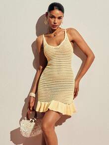 Poéselle Women's Crochet Knit Mesh Mini Dress Spaghetti Strap Ruffle Hem Pale Yellow,Summer,Boho,Beach Vacation,Holiday,Holiday Bodycon Sweater Dress Cover Up - Yellow - View 3