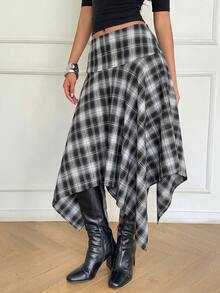 SHEIN Tall CURVE Plus Size Summer Casual Plaid Asymmetric Hem Skirt - Black and White - View 7