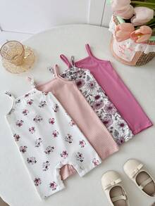 SHEIN LMoss Kids 4件套女婴针织纯色和碎花吊带连体衣套装 - 彩色 - 查看 7