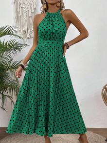 EMERY ROSE Women's Polka Dot Halter Sleeveless Dress Maxi Vacation Beach Outfit - Dark Green - View 6