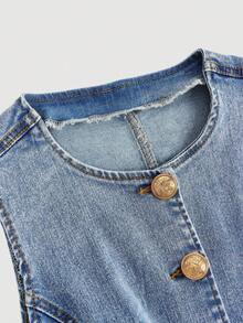 SHEIN Tall Gilet di jeans senza maniche azzurro chiaro per donne alte, top di jeans aderente con bottoni davanti, casual anni 2000, streetwear estivo per appuntamenti serali per donne - Lavaggio chiaro - Visualizzare 3