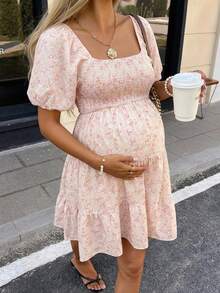 SHEIN Maternity Floral Print Shirred Casual Vacation Dress - Pink - View 1
