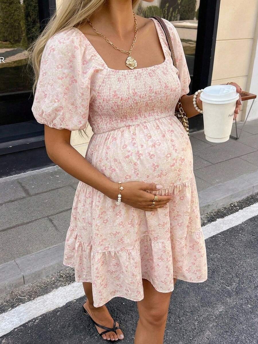 SHEIN Maternity Floral Print Shirred Casual Vacation Dress - Pink - View 1