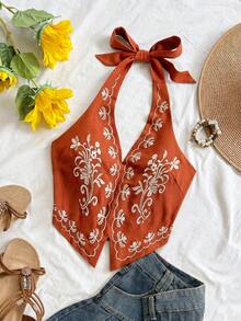 Soleia 花卉刺繡掛脖露背蝴蝶結短版上衣，適合音樂節、夏季上衣 - 橘色 - 查看 6