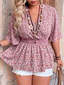 Ceyna Blouse Grande Taille Printemps/Été Nouveau Motif Floral Ditsy Col V Taille Cintrée Manches Évasées Flatteur décontracté/Tenue de Bureau Manches Courtes Pour Femmes - Rose bonbon - Voir 1
