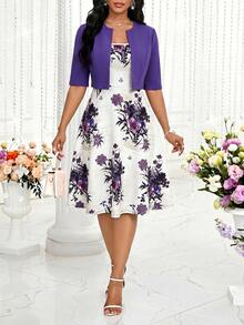 Conjunto de 2 piezas de vestido y chaqueta elegante con estampado para mujer - Multicolor - Ver 3