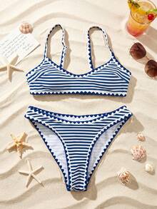 Swim Vcay 2件組女款海灘套裝，時尚可愛性感度假海邊泳池派對隨機花卉條紋鋸齒邊可調節粗肩帶平口上衣與鋸齒比基尼泳褲泳衣，夏季 - 彩色 - 查看 5