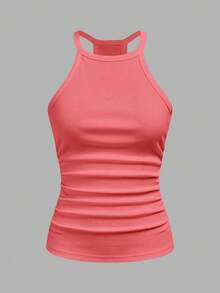 Slaydiva Coral Pink,Summer,Casual,City Break Women Ribbed Tank Top,Basic Versatile Crew Neck Racer Back Off-Shoulder Sleeveless Shirt For Yoga&Vacation - Rose Red - View 3