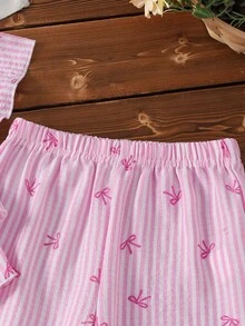 SHEIN Sparklyn Bộ 2 món cho bé gái, gồm áo tay phồng cổ vuông in họa tiết hoa cúc dễ thương và quần ống rộng thanh lịch. - Hồng - Xem 5