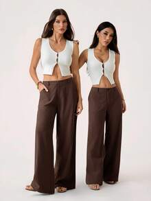 SHEIN PETITE Quần ống đứng cạp thấp, chất liệu 100% cotton đã qua xử lý giặt. - Cà phê nâu - Xem 3