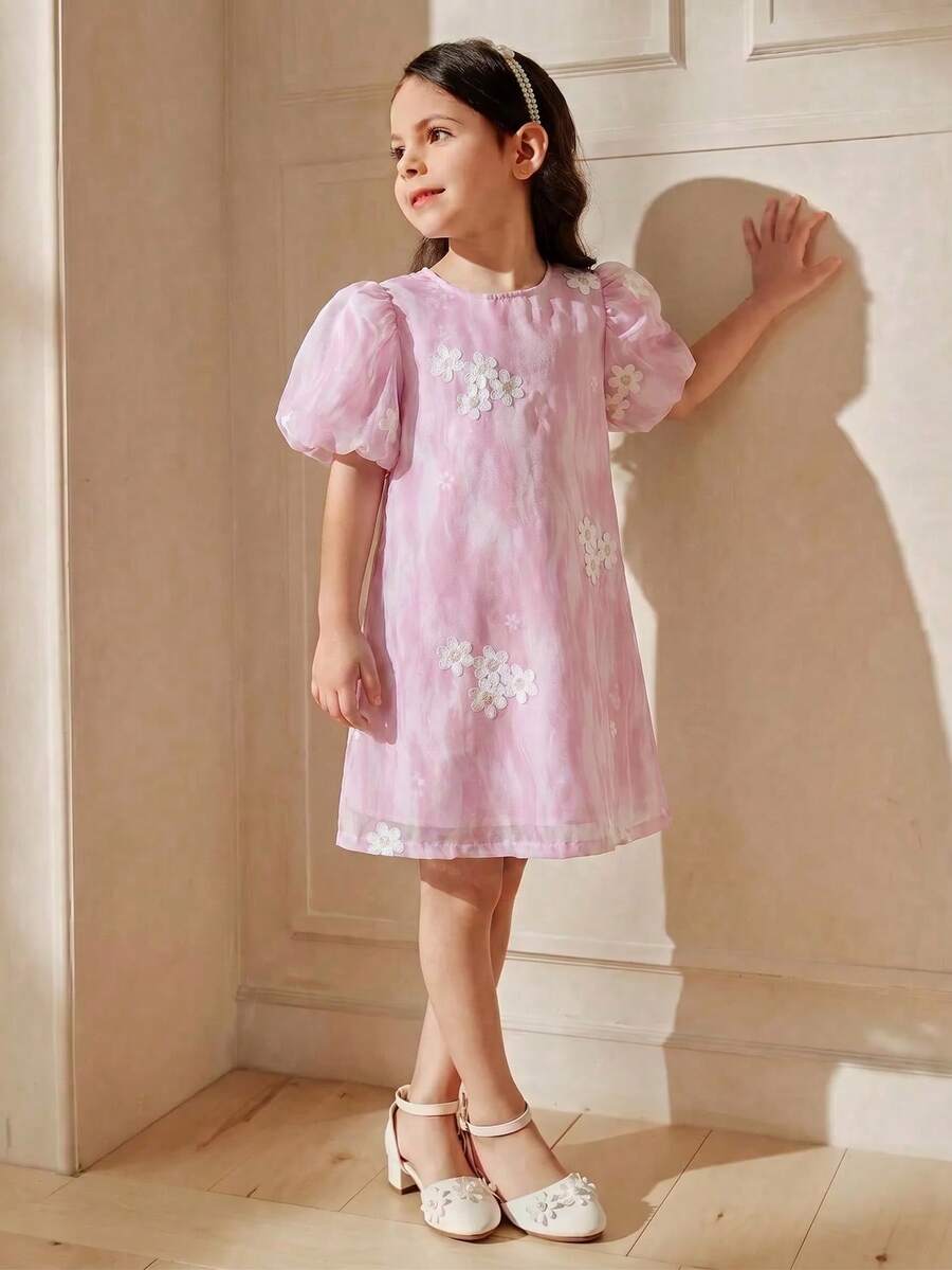 SHEIN Genkimix Girls Puff Sleeve, Invisible Zipper Decor Casual Floral Embroidered Round Neck A-Line Dress - Pink - View 1