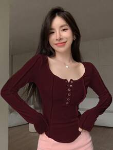 DAZY Solid Button Front Curved Hem Tee,Fall Clothes Long Sleeve Women Tops - Burgundy - View 2