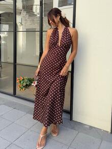 Serisse Women's Deep V-Neck Polka Dot Print Fashionable Halter Dress - Brown - View 6